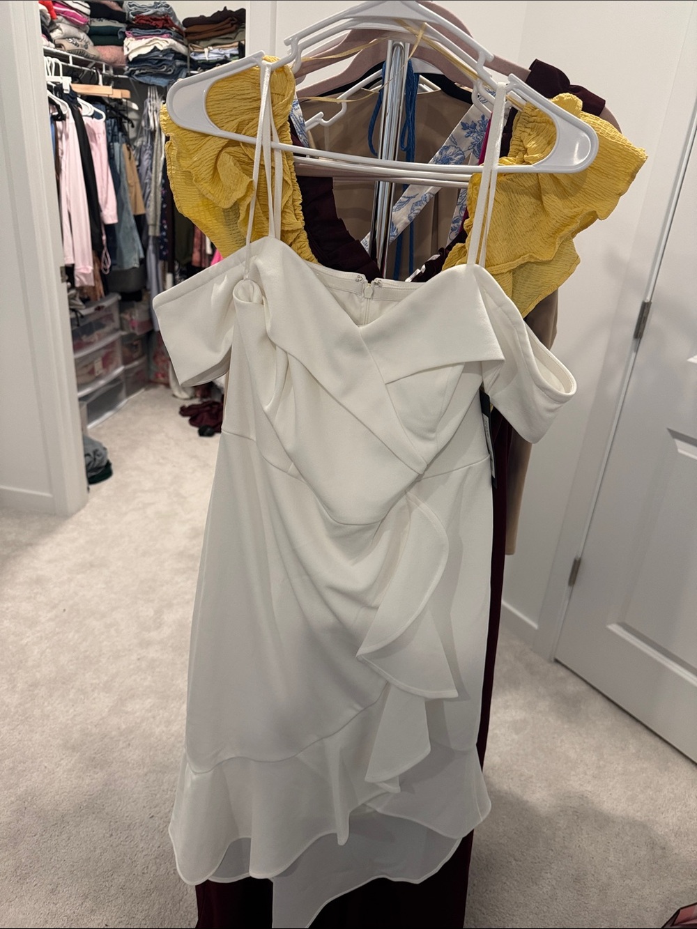 bebe White Off-Shoulder Ruffle Midi Dress with Spaghetti Straps
